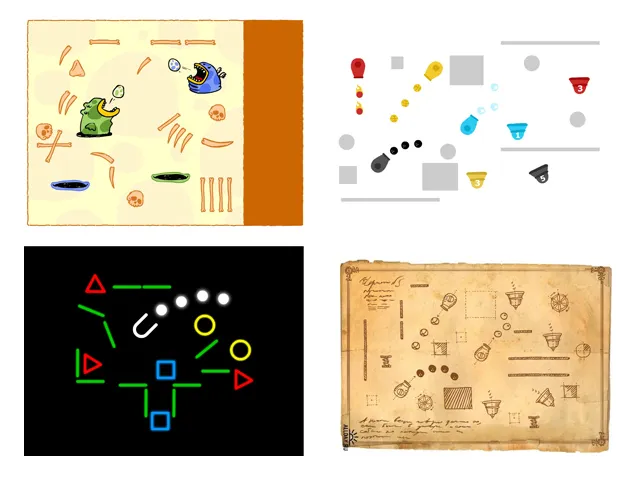 Cuatro iteraciones del estilo artístico del juego: prototipo de dibujos animados inicial, sprites de objetos, concepto neón y estilo final de los manuscritos de Leonardo