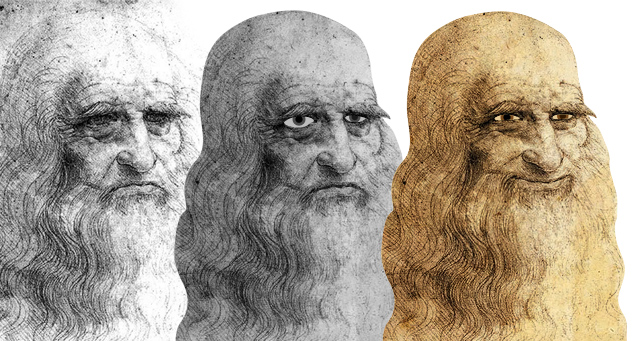 Evolución del autorretrato de Da Vinci: boceto original, adaptación en escala de grises y versión final del juego con la sonrisa de la Mona Lisa